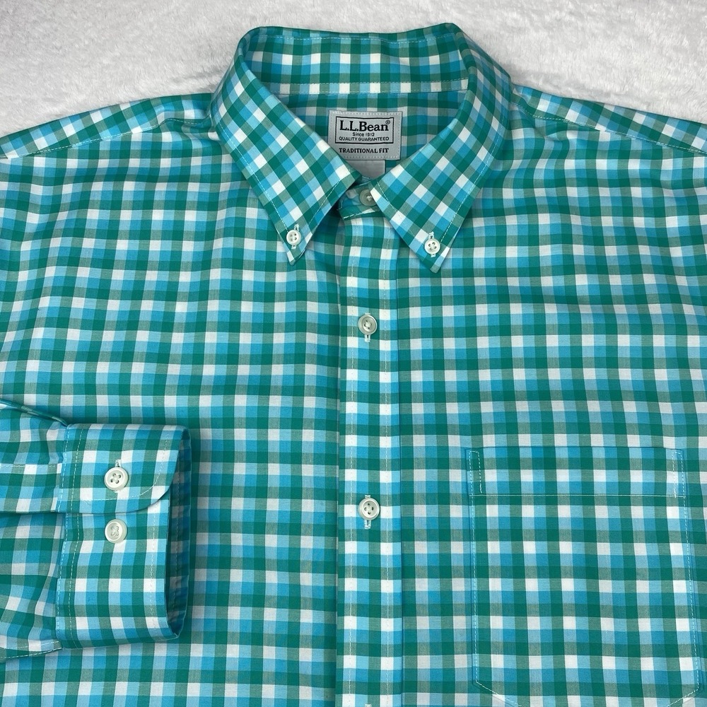 L.L. BEAN Mens Shirt Medium‎ Regular Green/Blue/White Checks Traditional Fit